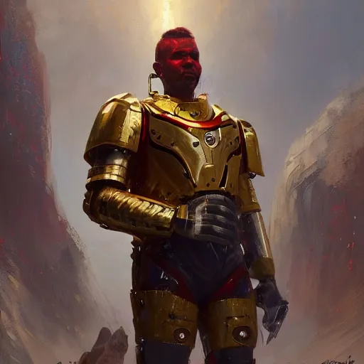 Prompt: self portrait of a futuristic goldminer with red, white and gold body armor, digital art, realistic, ultradetailed, concept art, art by greg rutkowski and thomas kinkade, trending on artstation, devianart, cgsociety