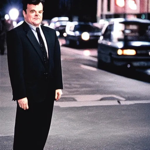 Image similar to 1 9 9 6 nathan lane wearing a black suit and necktie standing on the streets of chicago at night.