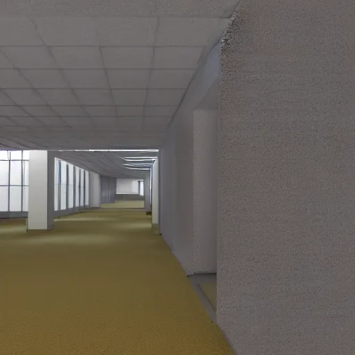 Image similar to 3 d render of jerma 9 8 5, jerma in a liminal space, non - euclidean space, endless halls of an office space, worn light mono - yellow 7 0 s wallpaper, old moist carpet, inconsistently - placed fluorescent lighting, high octane, blender, 3 d render