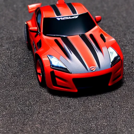 Image similar to a hotwheel supercar based on the nissan 3 7 0 z and acura nsx, it has a red and black paint, photoreal, car photography, hotwheels, supercar,