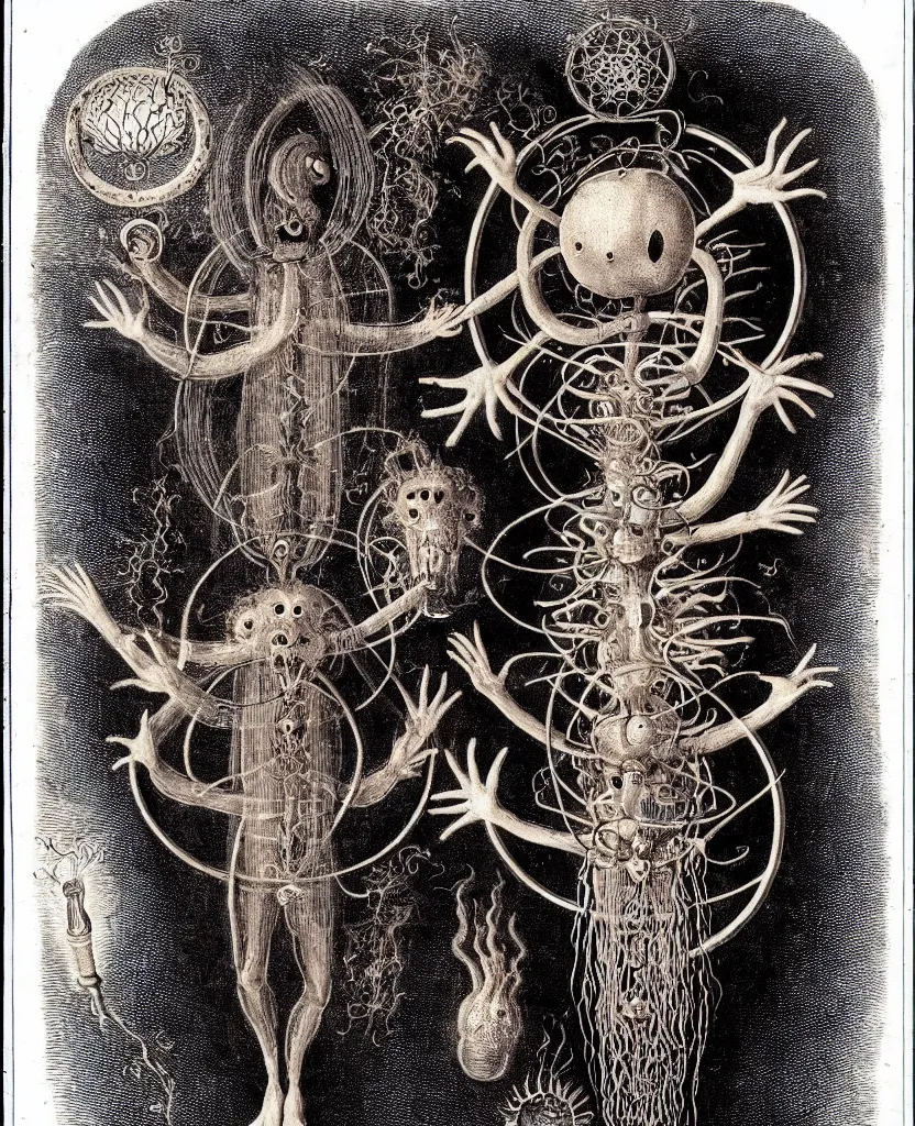 Image similar to whimsical freaky creature sings a unique canto about'as above so below'being ignited by the spirit of haeckel and robert fludd, breakthrough is iminent, glory be to the magic within