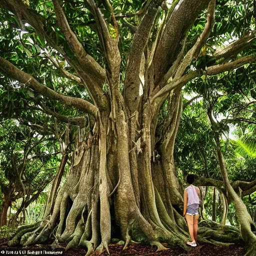 Prompt: The humans live on the edge of extinction, within the canopy layer of a giant banyan tree that covers the continent on the day side of the Earth