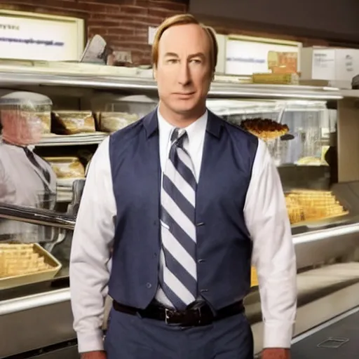 Prompt: gene ( bob odenkirk ) working at cinnabon, better call saul, 8 k