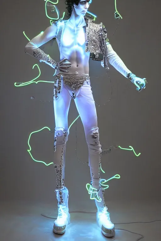 Image similar to full-body rococo and cyberpunk style neon statue of a muscular attractive Timothée Chalamet macho dotado e rico android sim roupa reclining con las piernas abertas e la piroca dura, glowing white lasers, glowing eyes, silver prince crown, silver steampunk gears, white diamonds, swirling mint-colored silk fabric. futuristic elements. ethereal white dripping tar. full-length view. space robots. human skulls. large white balloon animals. intricate artwork by caravaggio. Trending on artstation, octane render, cinematic lighting from the right, hyper realism, octane render, 8k, depth of field, 3D