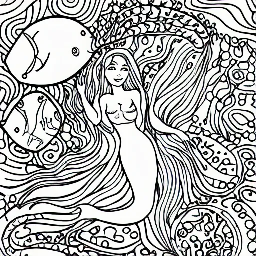 Image similar to A mermaid in the sea surrounded by some fishes, Coloring for toddlers, Outline with high quality