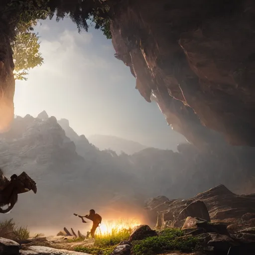 Image similar to cavemen surviving in the wild, volumetric lighting, 8 k octane beautifully detailed render, post - processing, extremely hyper - detailed, intricate, epic composition, cinematic lighting, masterpiece, trending on artstation, detailed detailed detailed, masterpiece, beautiful cinematic light,