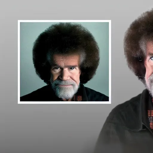 Image similar to Mugshot of Bob Ross with a sinister look on his face, ultra realistic, realistic, highly detailed, epic, HD quality, 8k resolution, body and headshot, film still, front facing, front view, headshot and bodyshot, detailed face, very detailed face