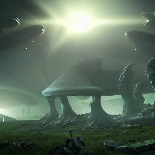 Image similar to the land reclaims a crashed space frigate, alien life, in the style of James Chadderton, ectoplasm, giant creatures roam, natural lighting, low angle camera, unreal engine