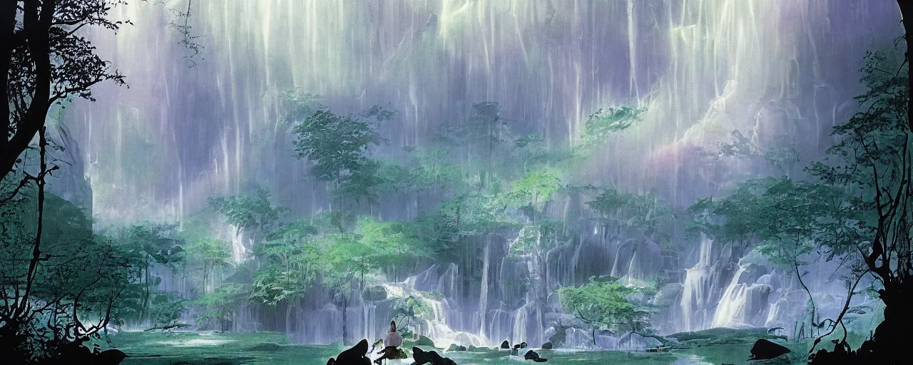 Image similar to deep forest, an old ship in the middle of the forest, rainbow river waterfall, striking composition, huge scale, gentle mists, subtle color variations, highly detailed, a white robed benevolent magician clothed in a royal garment in contemplation meditating upon God, by Eyvind Earle and Mary Blair