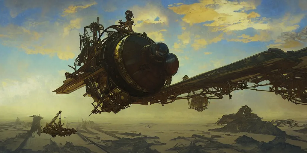 Image similar to a steampunk airship emerges over the horizon of an alien planet, artwork by alphonse mucha, darek zabrocki, dramatic lighting, long shadows, brushstrokes, paper texture.