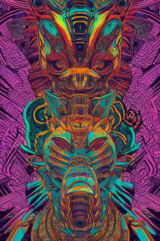 Image similar to totem animal tribal chaman vodoo mask feather gemstone plant video game illustration vivid color borderlands and by feng zhu and loish and laurie greasley, victo ngai, andreas rocha, john harris radiating a glowing aura