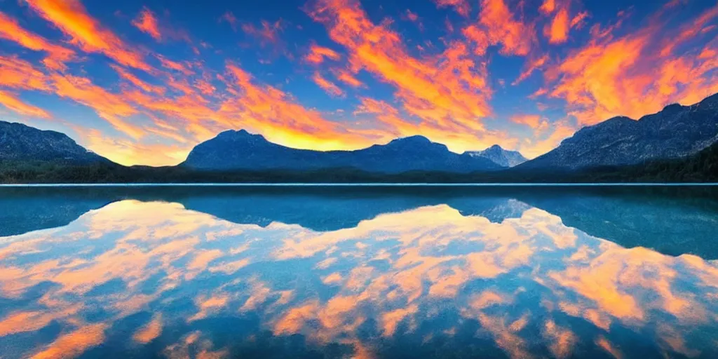 Image similar to beautiful sunset mountains and a Lake, photorealistic, hyperrealistic, water reflects suns light, clouds in the sky