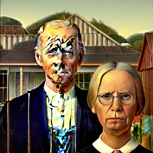 Prompt: biden and trump in famous american gothic painting, oil on canvas, hd, trending on artstation, detailed