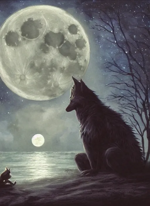 Image similar to a painting of a werewolf at night sitting next to a human child in front of full moon, mysterious atmosphere, fantasy art, matte painting
