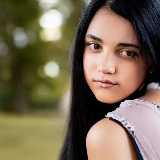 Image similar to young woman with long messy black hair, slightly smiling, 1 3 5 mm nikon portrait