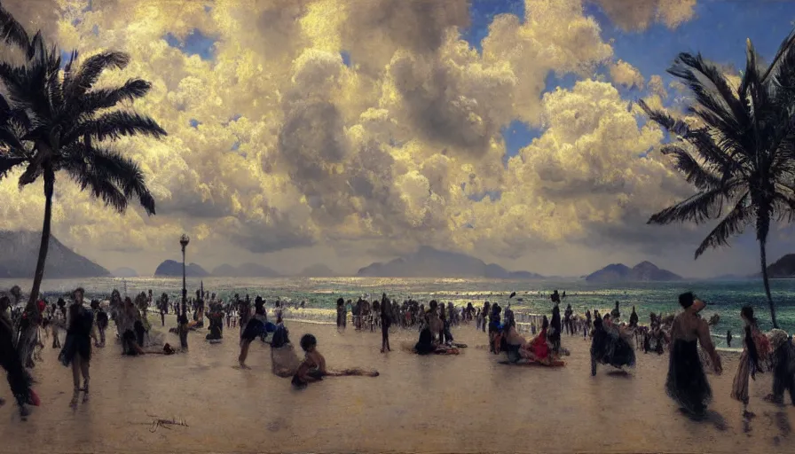 Prompt: a ultradetailed beautiful painting of the thundertorm sky of rio de janeiro palace balustrade designed by jules bastien - lepage, derek zabrocki, greg rutkowski, belsinski, beach, trending on artstation, mediterranean, palm trees, sharp focus, colorful refracted sparkles and lines, soft light, 8 k 4 k