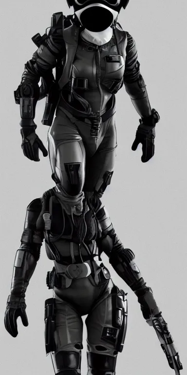 Image similar to full body cinematic shot of a time traveling intelligence agent in a black and greyscale sealed continuity suit, simple and functional with gaiter-style gas mask, resembling splinter cell + metal gear solid by artgerm and wlop