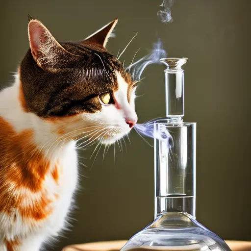 Image similar to a cat exhaling a large hit from her bong, award winning photography