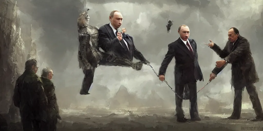 Image similar to picture vladimir putin play with serghei lavrov as a puppet marionete, painting by greg rutkowski