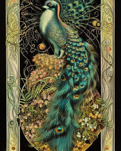 Prompt: vintage art deco animal poster depicting a half cat half peacock hybrid by ernst haeckel