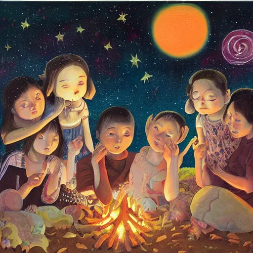 Prompt: A beautiful painting of a group of people gathered around a fire. They are all looking up at the night sky, where a bright star is shining beige by Hikari Shimoda eclectic