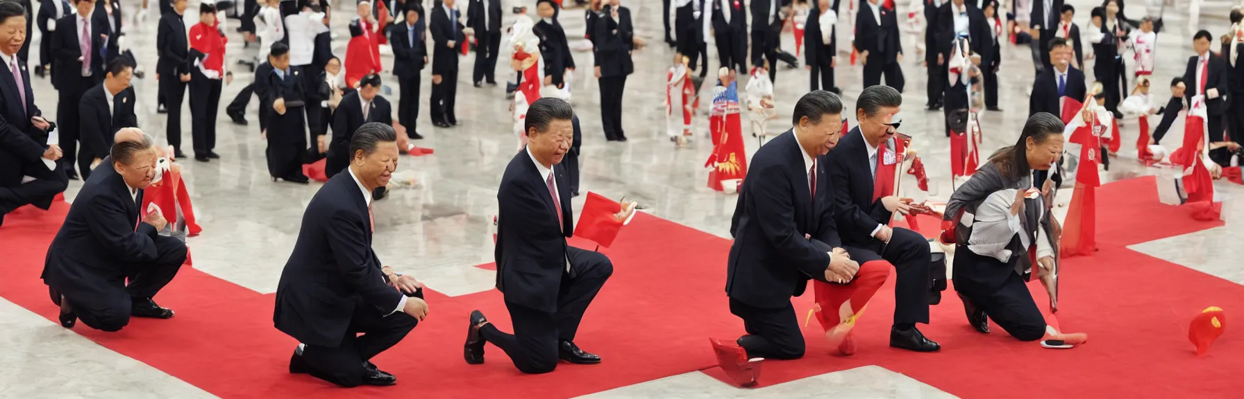 Prompt: Tsai Ing-wen kneeling down on knees before Xi Jinping standing, her mouth nearby his waist, Joe Biden kneeling down on knees behind her holding a hotdog, photorealistic, ultrarealistic photography, 8k