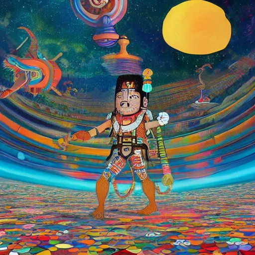 Image similar to a mayan warrior walking on water under the stars by takashi murakami, beeple and james jean, aya takano color style, 4 k, super detailed
