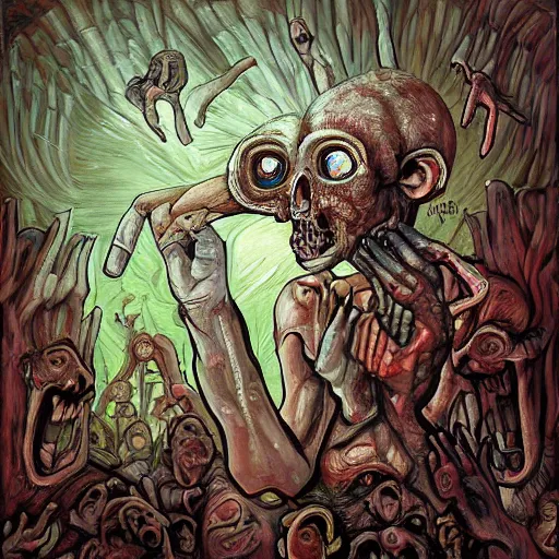 Prompt: professional art painting of cave paintings of zombies and brains, surreal, esoteric, digital art, illustration