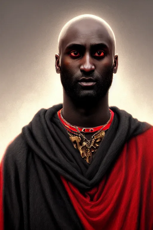 Prompt: a demonic horrific portrait of virgil abloh, white eyes, bored, illustration, soft lighting, soft details, painting oil on canvas by edmund blair leighton and charlie bowater octane render, hdr, trending on artstation, 4 k, 8 k, hd