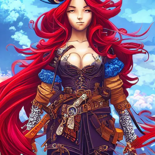 Image similar to my long red haired pirate queen girlfriend by dan mumford, yusuke murata, makoto shinkai, ross tran, cosmic, heavenly, god rays, intricate detail, cinematic, 8 k, cel shaded, unreal engine, featured on artstation, pixiv