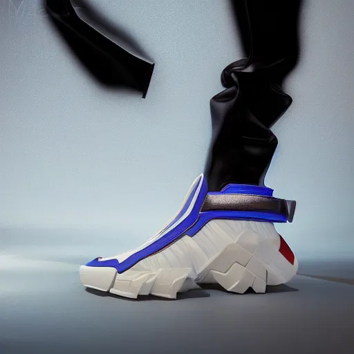 Prompt: futuristic balenciaga and vetements sneakers by maison margiela fusion ultra rendered extreme realism and detail, 8 k, highly detailed, realistic, completely framed, pbr, surreal, hyper realistic, colorful, direct lighting, 3 5 mm photo, photorealistic, sharp focus,