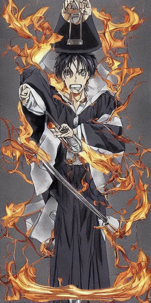 Prompt: powerful anime judge with a magic gavel on fire, in a court room with a justice scale on his desk, drawn by a famous anime artist, high quality, fine lines, amazing detail. colored, intricate ink painting detail the justice tarot card