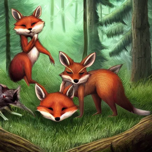 Image similar to 3 woodland critters, resistance, communist, bunny, mouse, fox, political meeting in the woods, antropomorphic, fantasy digital art, art station