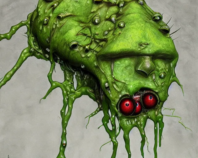 Prompt: Haunting horrifying hyperrealistic detailed painting of a tall slim spider extraterrestrial creature made of concrete stone brick, gelatinous green goop, heavy metal, disgusting, creepy, unsettling, and bloodshot eyeballs, hyper detailed, trending on Artstation