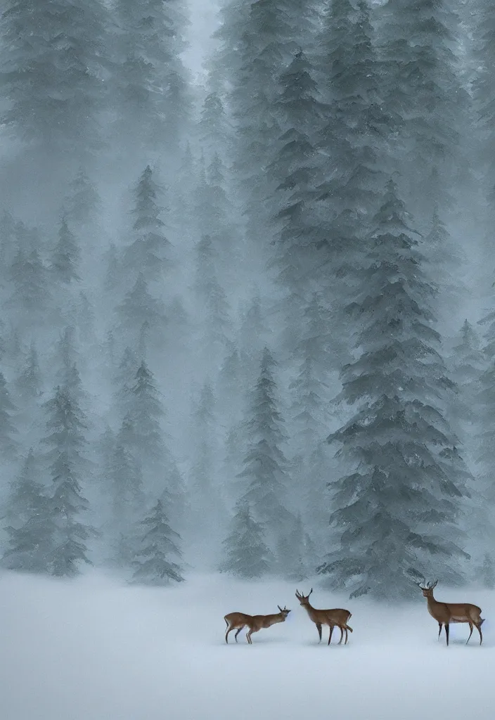 Image similar to deer on the background of a tall spruce forest, painting by Craig Mullins, octane rendering, soft morning lighting, wide angle lens, in the style of Hayao Miyazaki, trending on artstation,