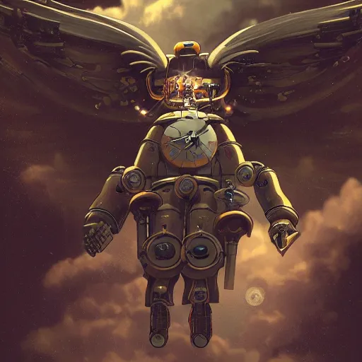 Prompt: a steampunk robotic angel, studio ghibli, extremely detailed, clouds, epic, sky, cinematic lighting,