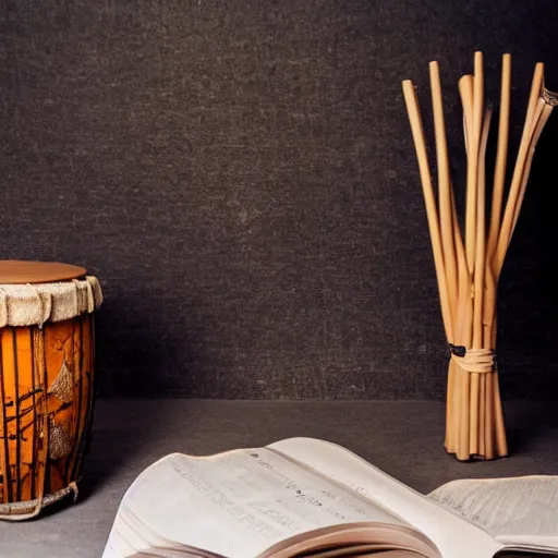 Prompt: studio photography of book and drum sticks