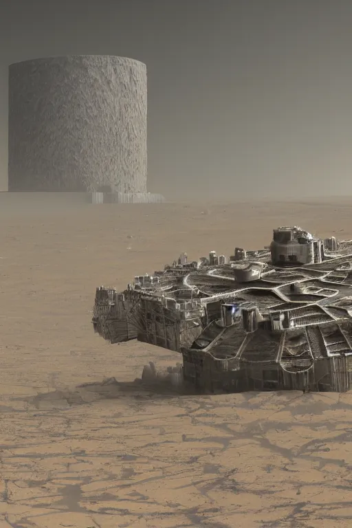 Prompt: industrial research lab brutalist design in a crater in the middle of the desert of Mars planet at strong night dust storm full of debris while group of astronauts run, concept art by yoshitaka amano and H.R. Giger, intricate detail, 8k, featured art