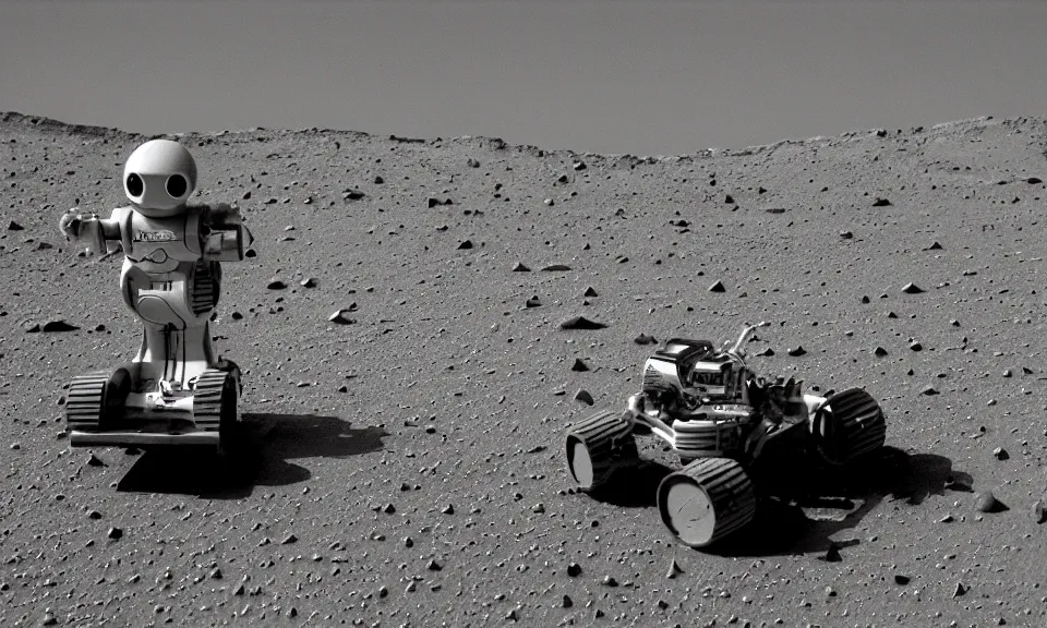 Image similar to 35mm film still, robot lawnmower on mars
