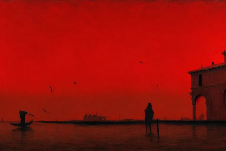 Image similar to only with red, a red dystopic knight, venice, flock of birds in the red sky, in the style of beksinski, parts by edward hopper, parts by rodcenko, parts by yue minjun, intricate and epic composition, red by caravaggio, insanely quality, highly detailed, masterpiece, red light, artstation, 4 k