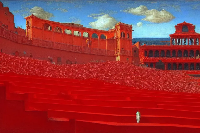 Image similar to only with red, a red great emperor, taormina amphitheatre, crowd with big smile, in the style of beksinski, parts by edward hopper, parts by rodcenko, parts by yue minjun, intricate and epic composition, red by caravaggio, insanely quality, highly detailed, masterpiece, red light, artstation, 4 k