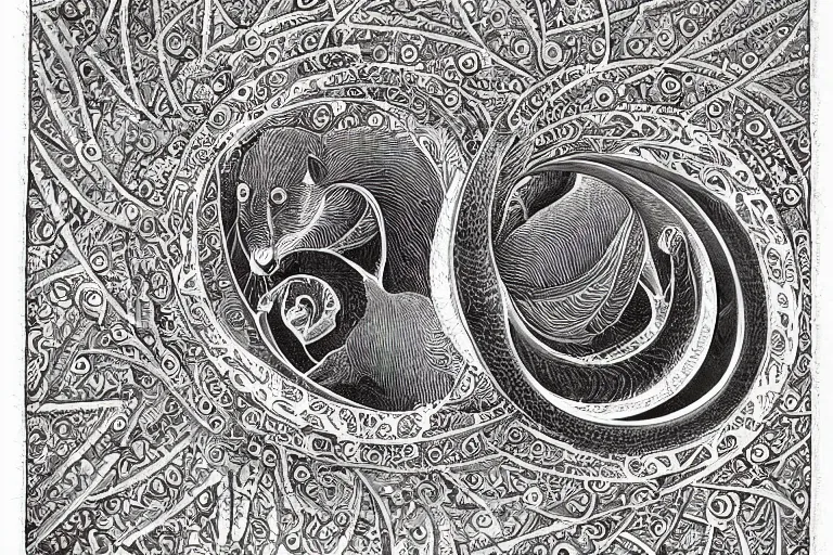 Image similar to an ornate illustration in the styles of mandalas and fractals, the styles of escher and penrose, depicting a weasel staring deep into the heart of the impossible all - and - nothing of the emerging singularity ; / what has god wrought? / he seems to be whispering.