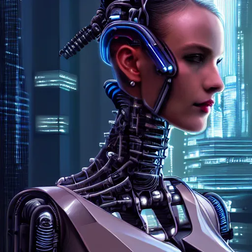 Image similar to Forward-facing Perfectly-Centered Half-body-Portrait of a Mechanical Cyberpunk Female Android standing straight, intricate, elegant, super highly detailed, professional digital painting, artstation, concept art, smooth, sharp focus, no blur, no dof, extreme illustration, Unreal Engine 5, Photorealism, HD quality, 8k resolution, cinema 4d, 3D, beautiful, cinematic, art by artgerm and greg rutkowski and alphonse mucha and loish and WLOP