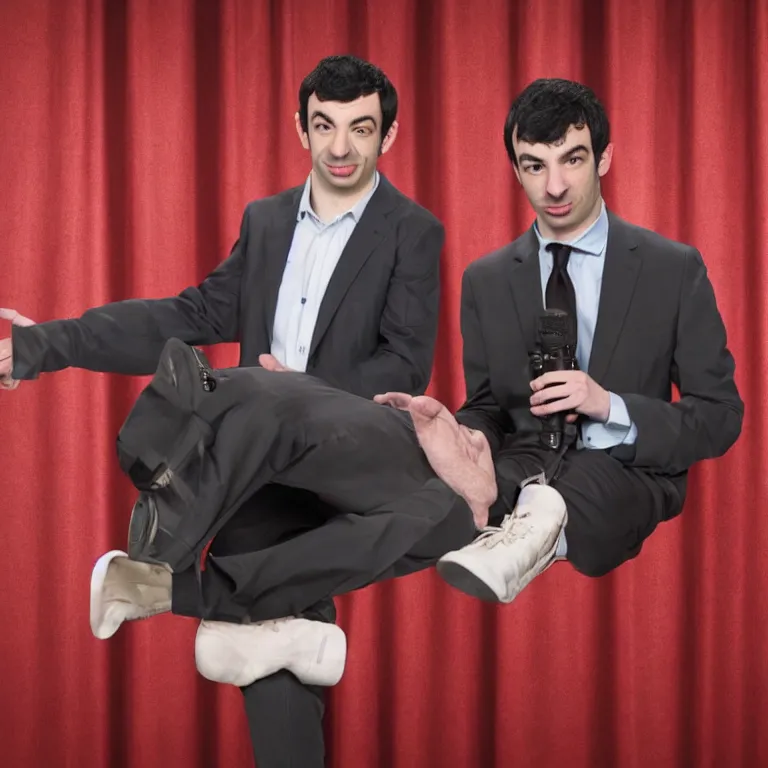 Image similar to focused dslr photograph of nathan fielder from nathan for you on comedy central controlling a puppet version of himself filmed by a tv crew on a stage with a red curtain, meta, fractal, trippy, television ad, high detail!!! 8 k, photorealism, sharp focus, volumetric lighting, coherent!!! art directed, rule of thirds, face