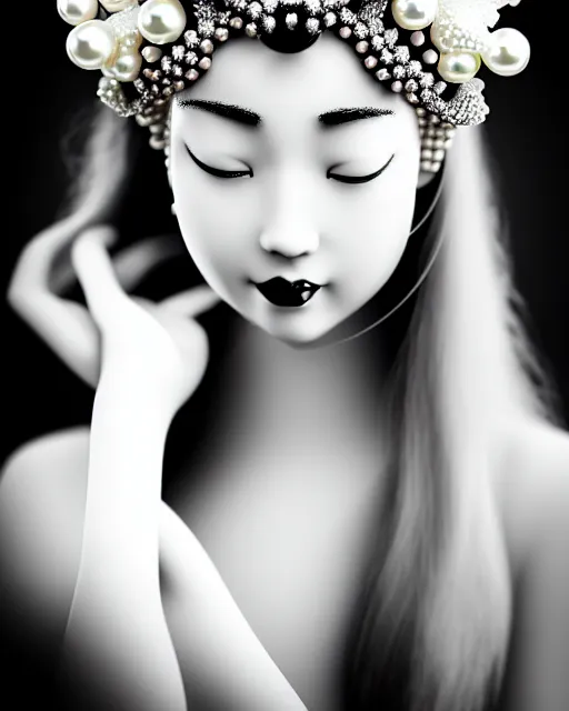 Prompt: black and white dreamy young beautiful crowned female artificial intelligence, crown is full of flowers and pearls, realistic pearl ornament in the face, long hair are intricate with highly detailed realistic pearls, cinematic, rim light, bokeh, photo - realistic, elegant, high detail, 8 k, masterpiece, photo taken in 1 9 3 0