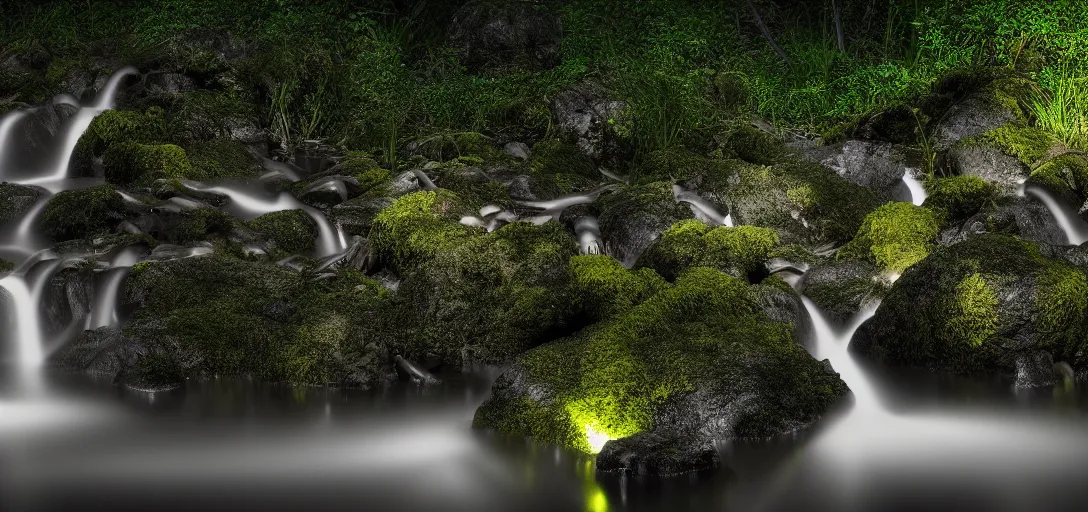 Prompt: beautiful view of the bottom of a rocky forest waterfall at night, glowing water with caustics, calm, dark atmosphere, dappled light, reflections, bubbles, refraction, symmetry, cinematic lighting, ultra detailed, sharp, ambient occlusion, bloom, raytracing, by dylan cole, sebastian meyer and jordan grimmer