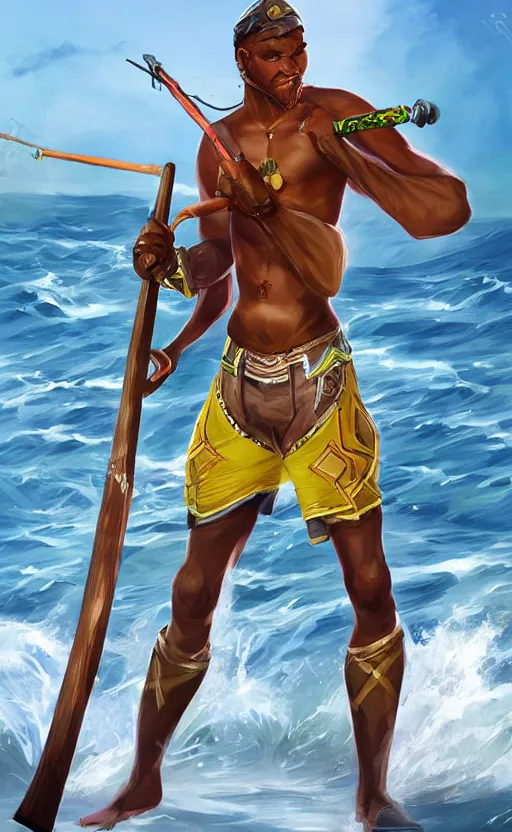 Prompt: character concept of a singular Jamaican man wearing jamaican clothing and holding a fishing-rod weapon and posing in a battle stance in the Jamaican sea by Ross Tran, style of League of Legends