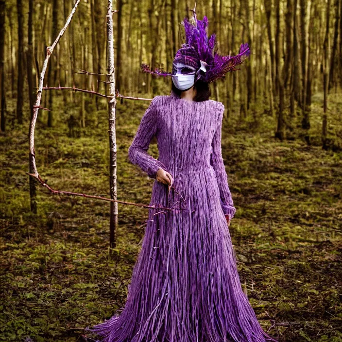 Prompt: a woman with a mask made of purple twigs standing in a forest, golden hour, vogue magazine