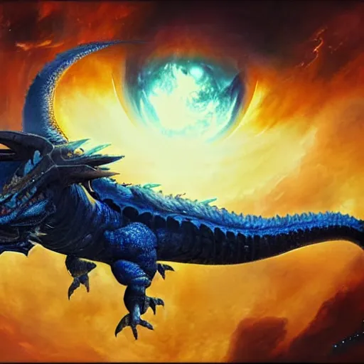 Image similar to Gigantic blue scaled dragon devouring an earth like planet while flying in space, sun system, behemoth, lizard, oil painting, by Greg Rutkowski