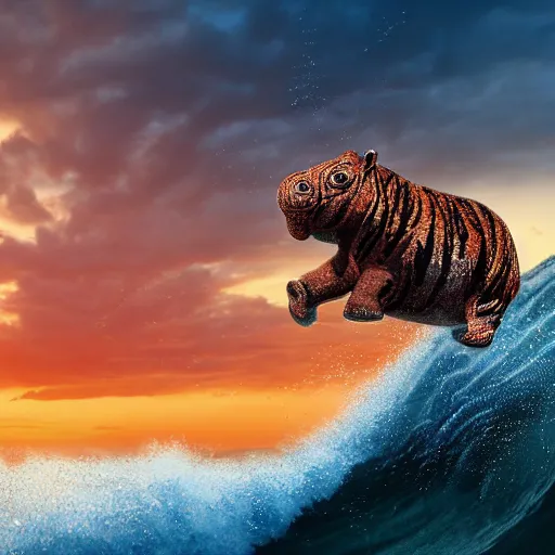 Image similar to a closeup photorealistic photograph of a cute knitted tiger hippopotamus riding an epic wave during sunset. well textured. surf in the background. professional capture. brightly lit scene. this 4 k hd image is trending on artstation, featured on behance, well - rendered, extra crisp, features intricate detail, epic composition and the style of unreal engine.